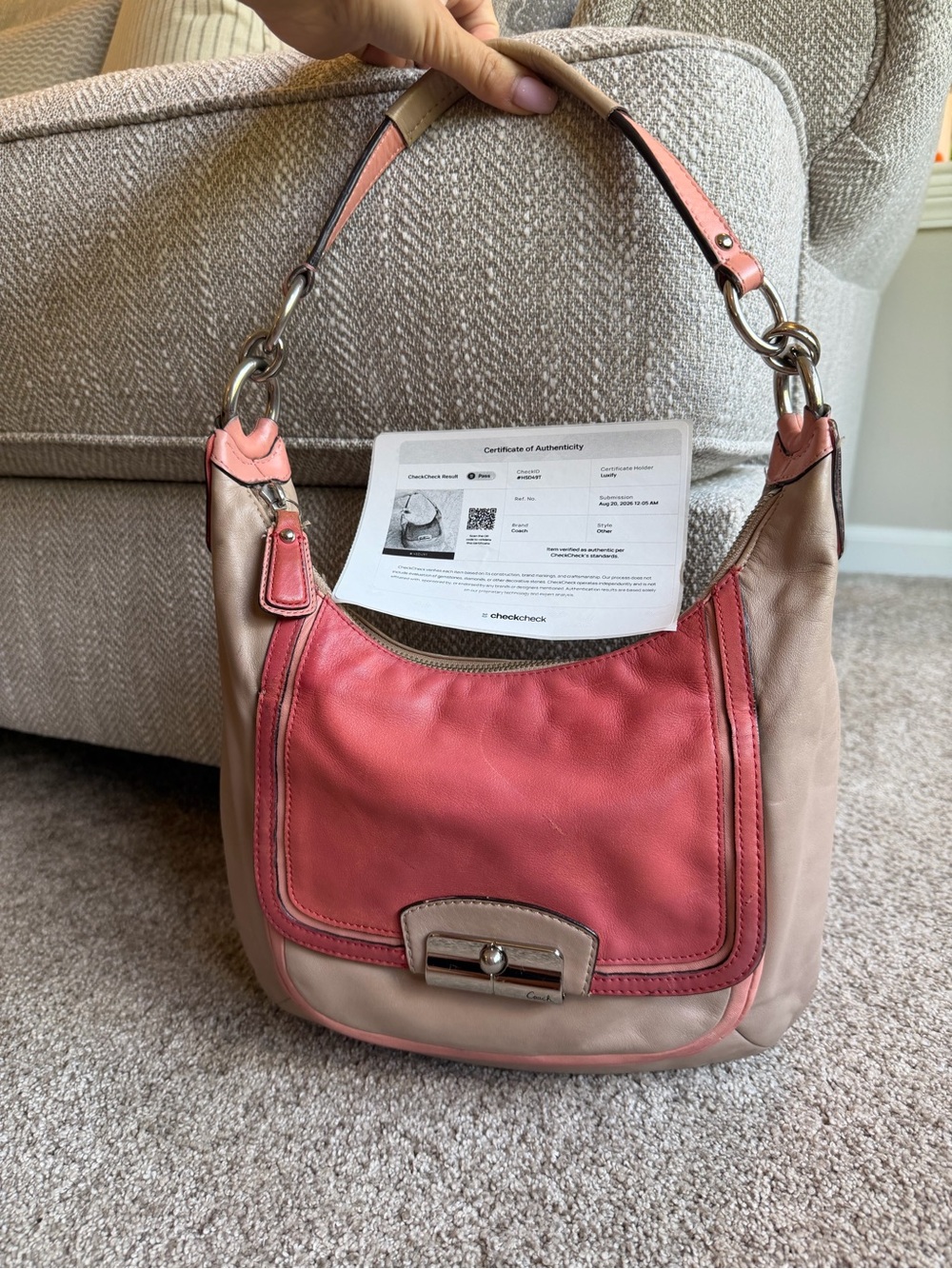 Coach Kristin Colorblock Leather Hobo Shoulder Bag Pink Beige F2309 + COA